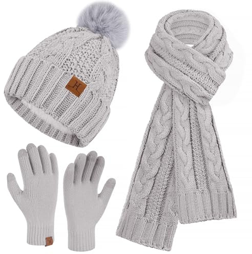 ZASFOU Femme Hiver Bonnet Chapeau Foulard Écran Tactile Gants Ensemble Chenille Pompon Tricot Polaire Doublé Casquette Écharpe Gant Cadeaux pour Femmes