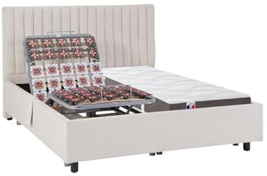Vente-unique-Dekoratives Bett mit elektrischer Relaxfunktion mit Tellern + 3-Zonen-Matratze aus 100% Latex - 2 x 90 x 200 cm - Stoff - Beige - TIARI von YSMÉE