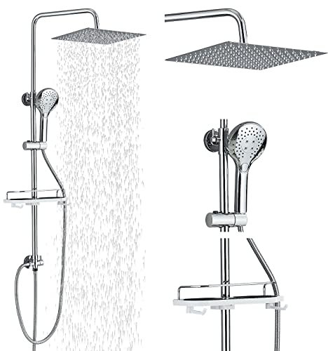 Hevenaov Duschsystem Duschset Duschstange Edelstahl Quadrat Kopfbrause 30x30cm,Handbrause mit 3 Strahlarten,Duscharmatur Ablage Chrom, Einfache Montage