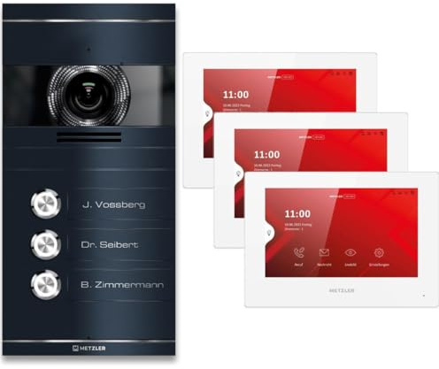 Metzler VDM10 2.0 Video Sprechanlage Komplett Set - mit Laser Gravur Namensschild - LAN/POE - Türsprechanlage mit HD-Kamera für 3 Familienhaus, Smartphone App, in Anthrazit aus V2A Edelstahl