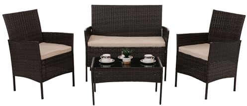 Mendler Poly-Rattan Garten-Garnitur HWC-N98 - braun, Kissen Creme | Sitzgruppe, Lounge-Set, Metall, Glas, Stoff/Textil (180g/m²)