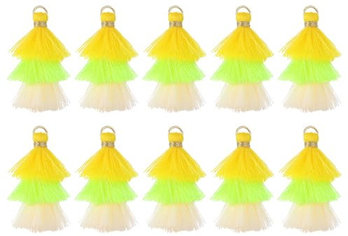 QUARKZMAN 10 Stück Winzige Dreischichtige Quasten 1,6 Mini Taschenanhänger Böhmische Handgefertigte Quasten Schlüsselanhänger für DIY Projekte Schmuckherstellung (Gelb/Hellgelb/Weiß)