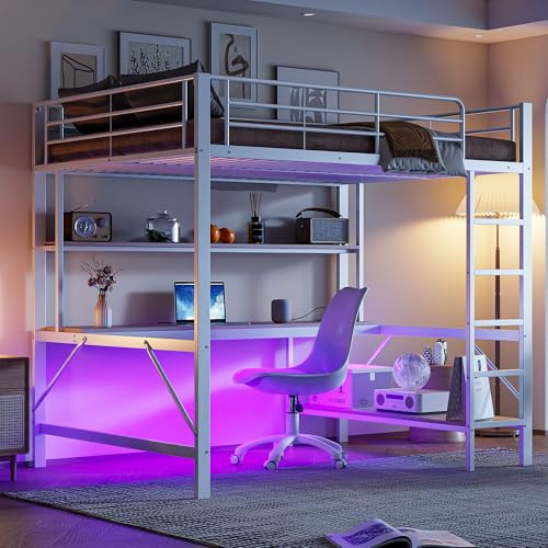 Soweiz Kinderbett, Hochbett, Geländer, Trittleiter, mit USB und Steckdose, ferngesteuertes Ambientelicht, Schreibtisch, mehrstöckiges Regal, Metall, ohne Matratze (Weiß, 140x200 cm)