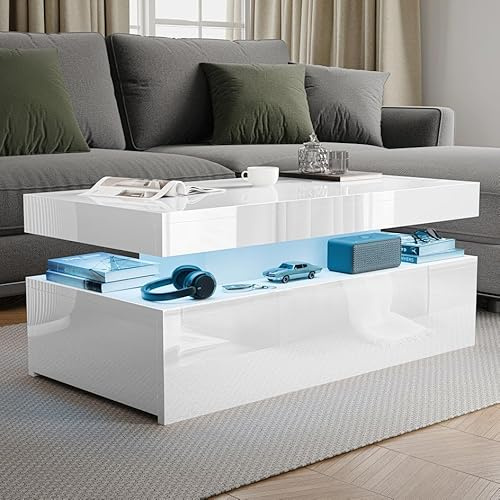 Blisswood High Gloss Coffee Table for Living Room, Rectangle Centre Table with 2 Drawer Storage, Modern Wooden Tea Table with LED RGB Lights for Home, Office & Living Room Furniture - White