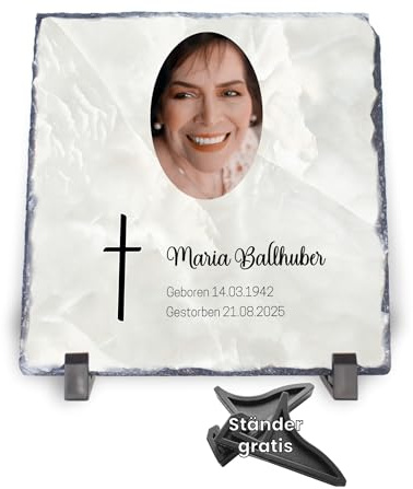 MOMENTU® Personalisierter Gedenkstein Marmoroptik mit Foto [Schieferplatte 19x19cm + Ständer] Steinplatte mit Foto Trauerstein Fotoaufsteller Gedenkfoto Grabplatte Grabschmuck Gedenktafel Kondolenz