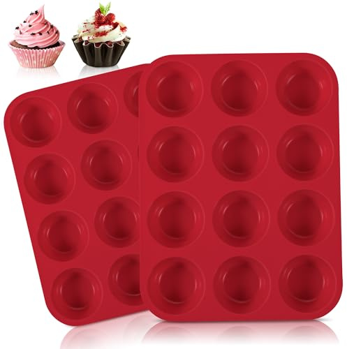 YIYIZI 2-Pack Muffinsform i Silikon, Bakform för 24 Muffins, Non-Stick Muffinsplåt utan BPA, Diskmaskinssäker, Värmetålig upp till 220°C – Perfekt för Cupcakes, Brownies, Kakor och Puddingar (Röd)