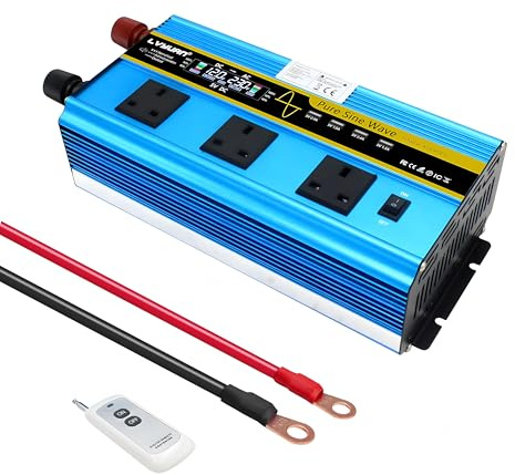 Yinleader Pure Sine Wave 2500W Power Inverter DC 12V to AC 240V with LCD Display, 3 UK Sockets, Cooling Fan & Wireless Remote
