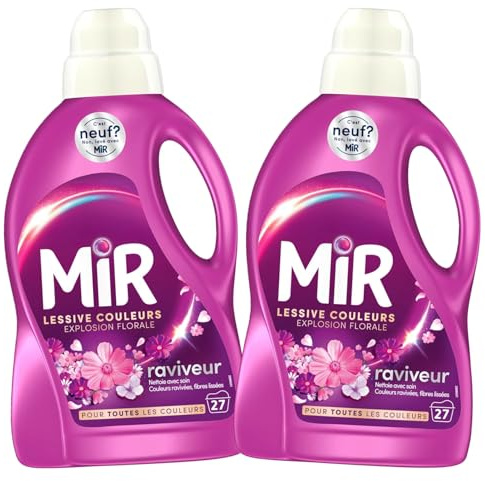 Mir - Lessive Liquide Couleurs - Explosion Florale -Main & Machine - Raviveur - Formule 3en1 - Couleurs - Fibres - Fraîcheur - Nettoie avec Soin - Pour Toutes les Couleurs - 27 Lavages - Lot de 2