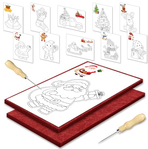JSRQT Natale Punteruolo per Carta Bambini Dai 4 Anni In Su con 2 Base In Feltro 2 Aghi 10 Immagini da Ricamo Kit Completo Legno Tappetino Artigianato Punteruoli Fai-Da-Te Creativi Cucito e Creazioni