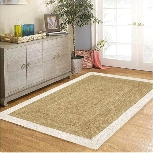 Tappeto in iuta bianca e naturale, 0,6 x 0,9 m, tappeto in fibra naturale intrecciato a mano, decorazione ecologica in stile bohémien, resistente e adatto agli animali domestici, perfetto per