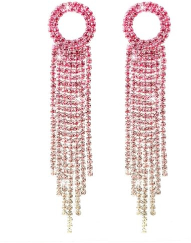 DOKRIN Boucles d'oreilles pour femme,Boucles d'oreilles/puces longues à pampilles ornées de strass roses dégradés scintillants
