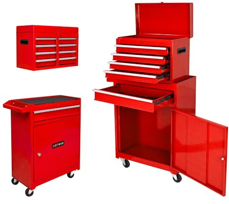 bytnghy Boîte à Outils avec 5 tiroirs à roulettes, boîte à Outils 2-en-1, Grande Armoire à Outils avec Serrure, boîte à Outils en métal sur Pied pour Atelier de Garage (Rouge)