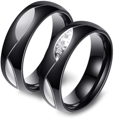 Whoiy Vorsteckring für Ehering 6MM Breit, Personalisiert Edelstahlschmuck Eheringe Poliert Zirkonia Partnerringe Paarpreis Schwarz mit Gravur für Sie und Ihn Gr. Damen 57 (18.1) & Herren 60 (19.1)