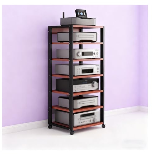 BYZOMU Mobile Stereo Hi Fi Rack HiFi Torre Rack Audio in Metallo Resistente con Ripiani in Legno Regolabili, Supporto Multimediale Mobile for Giradischi, Amplificatore, Console di Gioco(Red)