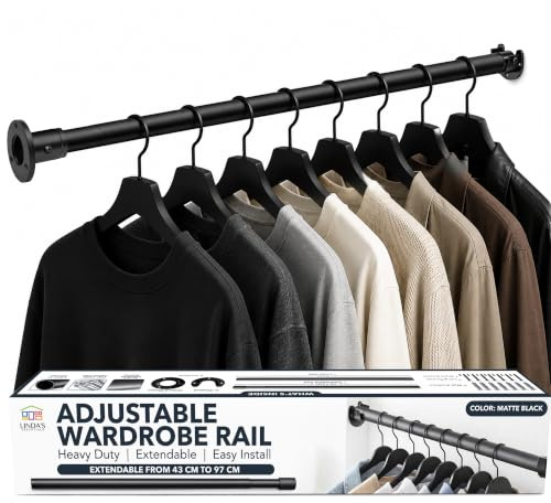 Extendable Wardrobe Rail 43-97cm, Heavy Duty Metal Wardrobe Pole, Wardrobe Rails and Fittings for Cupboards, Closets - Adjustable Clothes Rail Pole and Extendable Clothes Rail for Wardrobe (Black)