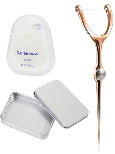 DAFNE 1 set di bastoncini in metallo per filo interdentale e filo interdentale,riutilizzabile,strumento per il filo interdentale per l'igiene orale da viaggio,con custodia portatile,oro-rosa