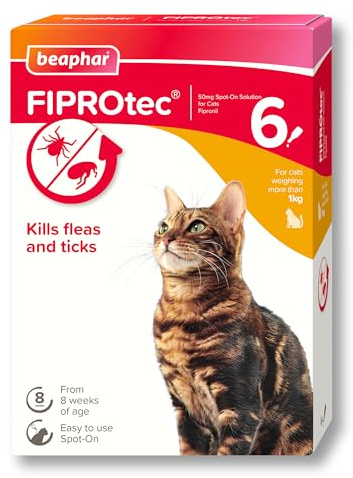 Beaphar - FIPROtec Spot-On Flea & Tick Treatment for Cats - 6 Pipettes - Kills Fleas & Ticks - Veterinary Medicine – Easy to Apply Monthly - For Cats & Kittens from 8 Weeks Old, Weighing Over 1kg