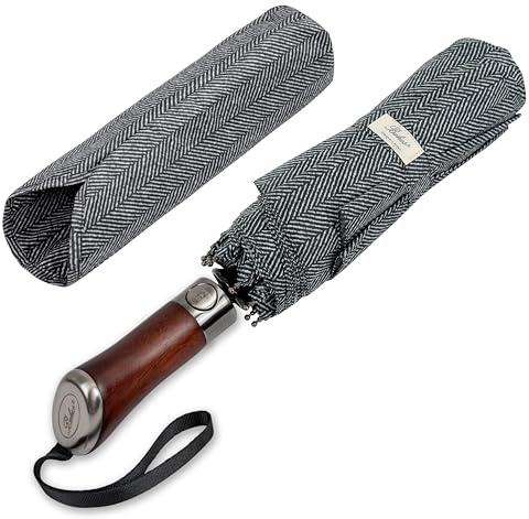 Balios (Designed in UK) Travel Umbrella Luxurious Golden Hardwood Handle Auto Open & Close Windproof Frame Single Canopy Automatic Folding Umbrella Men's & Ladies (Herringbone)