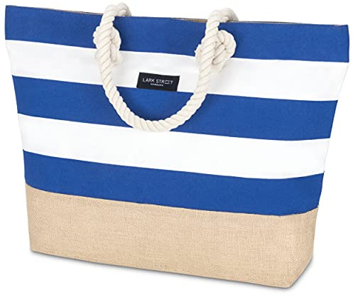LARK STREET Strandtasche Blau Gestreift Beach Bag für Damen & Herren aus robustem Baumwoll Canvas & Jute - Badetasche mit Breiten Kordeln für angenehmen Große Tasche mit Reißverschluss