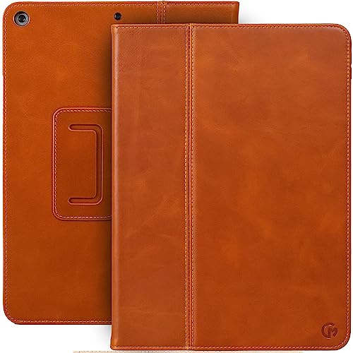 Casemade Funda de piel auténtica compatible con iPad de 10.2 pulgadas de 7ª/8ª/9ª generación (2019/2020/2021), funda de cuero de grano completo, apagado y encendido automático, posición de soporte