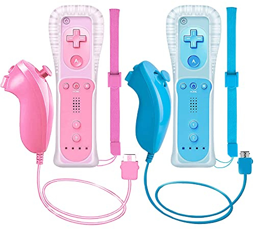 ZeroStory Lot de 2 manettes sans fil et Nunchuck pour console Wii et Wii U, manette de jeu avec étui en silicone et dragonne (rose et bleu)