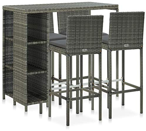 vidaXL Gartenbar Set 5-TLG. mit Kissen Theke Bar Tresen Gartentheke Bartisch Barstuhl Stehtisch Barhocker Gartenmöbel Poly Rattan Grau