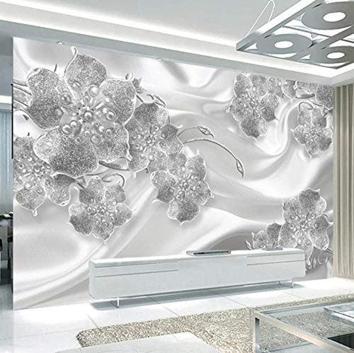 Papier Peint Mural Poster Bijoux Floraux En Argent 3D Intiss� Photo Poster Tableaux Muraux Salon Chambre Bureau Couloir Mural D�Coration 300X210Cm