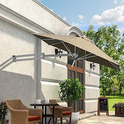 Parasol Montage Mural Parasol de Patio, 7 Pieds / 2,2 M Pliable Inclinable Kaki Parasol de Jardin avec Poteau en Aluminium, Pare-Soleil Extérieur Parapluies