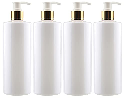 ZEOABSY 4 Stück 500ml Leere Lotionspender Gelspender Weiß Kunststoff Flasche mit Gold/Weiß Lotion-Spender Nachfüllbare zum befüllen für Badezimmer Shampoo Öl