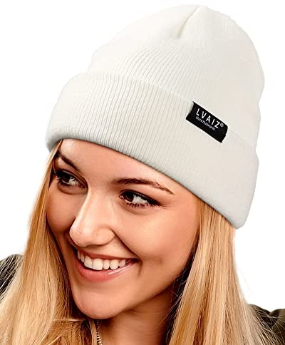 Satinfodrad vintermössa hattar för kvinnor unisex bomull stickad stickad manschett stickad mössa med silkeslent foder slouchy skalle keps, Vitt, one size