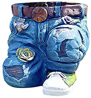 JeffMVP Home Garden Ornaments Flower Pots, Retro Jeans Shape Figurines Planter Creative Flower Vases Decoration Crafts, Colorful Durable Denim Trousers Resin Plant Seedling Pot ((Kneeling)