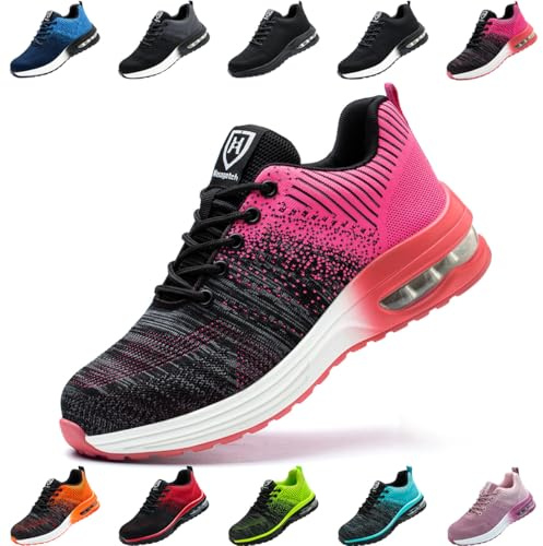 Zapatos de Seguridad Hombre Mujer Zapatillas Trabajo Ligero Comodo Calzado de Seguridad con Punteras de Acero Transpirable Antideslizante Rosa EU 41