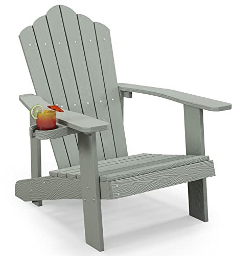 GOPLUS Adirondack Gartenstuhl mit Getränkehalter, Gartensessel mit Komfortabler Rücklehne & Breiten Armlehnen, Wetterfester Gartenstuhl für Garten Terrasse Feuerstelle Balkon (Grau)