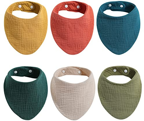Viakty Double Layer Cotton Muslin Bibs 6 Pack, Soft and Absorbent Drool Bibs with 2 Adjustable Snap for Newborns, Toddlers, Boys and Girls