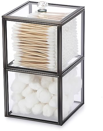 Hipiwe Glass Qtip Holder Dispenser 2-Tier Stackable Apothecary Jar with Lid Clear Bathroom Containers Cotton Ball & Swab Canister Vanity Organizer for Q-tip, Cotton Round, Floss, Makeup Pads