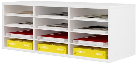 Senhoglb 12 Fächer Schreibtisch Ablagefächer Holz, Aktenablage A4 stapelbar,Schreibtisch Ordner Organizer, Büro Briefablage, Halten Sie Ihren Desktop Sauber, Weiß