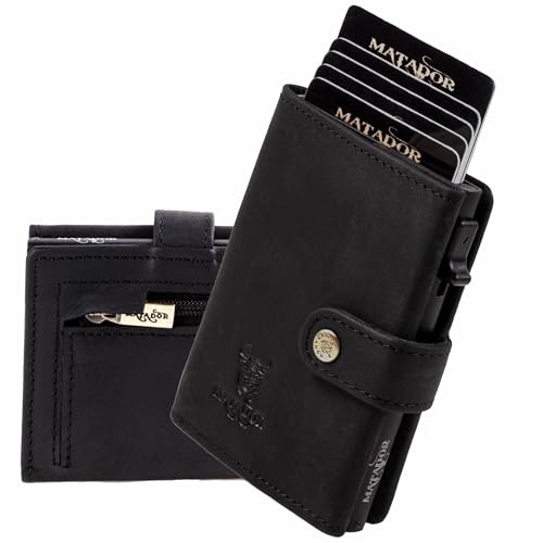 MATADOR Slim Wallet Miami – Leder Kreditkartenetui mit POP-UP Kartenhalter - mit RFID-Schutz & Münzfach - Mini Portemonnaie – kleine Geldbörse Männer mit Geschenkverpackung Schwarz