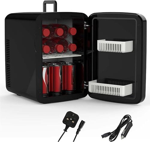 Crystals 4/10/15L Litre Mini Fridge, Table Top Small Fridge Cooler & Warmer for Car Bedrooms Desk Office, 12V DC - 220 AC, Mini Fridge for Bedrooms – Energy Efficient (Black, 15L Litre)