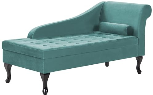 Beliani Chaiselongue rechtsseitig Samt blau grün Lehne Bettkasten Dekokissen Pessac
