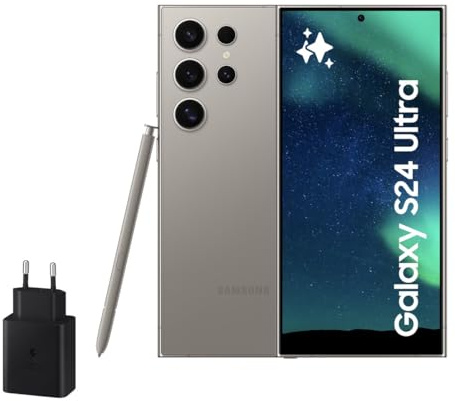 Samsung Galaxy S24 Ultra y Cargador 45W, Teléfono Móvil con IA, Smartphone Android, 12 GB RAM, 512 GB Almacenamiento, Cámara 200MP, S Pen, Batería Larga Duración, Gris Titanium (Versión Española)