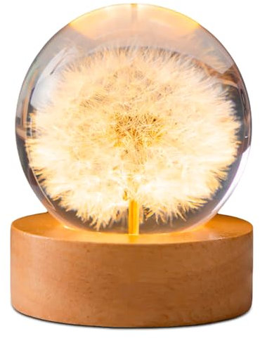 Sporgo Pallina di cristallo di leone, luce notturna, 6 cm, sfera di vetro con base a LED, lampada da notte, decorazione USB, base in legno con interruttore, lampada a sfera di vetro per decorazione