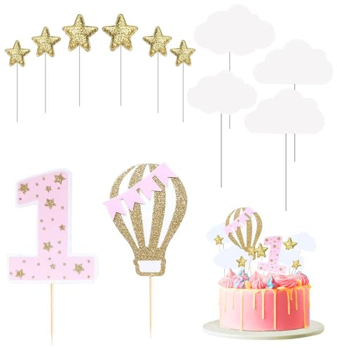 AZWOOD 1 Geburtstag Tortendeko Mädchen, Rosa Happy 1st Tortenaufsatz, 12pcs Cake Toppers mit Glitzer-Heißluftballon, Stern, Wolke – Babyparty Suppllies