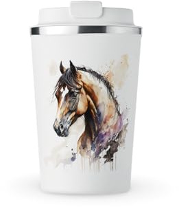 MAXIKIWI – Isolerad dubbelväggig, läckagesäker mugg i rostfritt stål, kaffe eller te rese tumlare med lock, håller drycker varma och kalla – hästakvarell – 350 ml