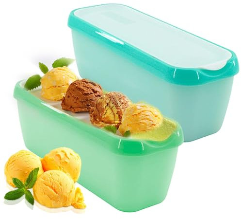 Lot de 2 récipients à glace pour crème glacée, 1,5 l, avec couvercle, réutilisables, empilables, pour sorbet (vert menthe + sarcelle)
