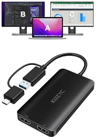 KOZYC USB 3.0 to HDMI Splitter Extended Display Dual Monitors, USB 3.0-A/C to Dual HDMI Adapter 4K@30Hz+1080p@60Hz Compatible with macOS/Windows SST/MST, Driver Required