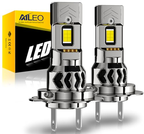 Lampadine per auto AILEO mini serie H7 LED anti-esplosione, con una luminosità di 18000LM e colore della luce bianco 6000K. Presentano dimensioni 1:1 per una facile installazione,2PCS.