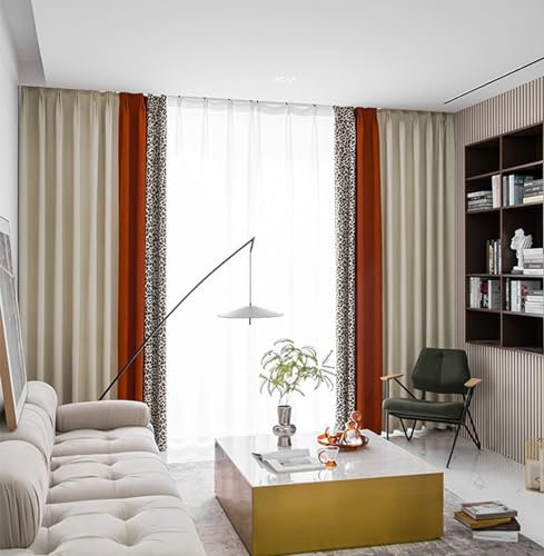 Whoiy Blickdichter Vorhänge Orange-Beige mit Ösen 2 Stück, Patchwork Jacquard Gardienen Curtains Polyester Moderne Verdunklungsgardine für Schlafzimmer Wohnzimmer, H 274 x B 137 cm