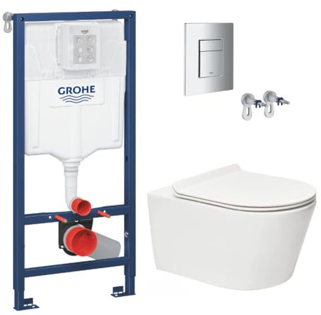 Hänge WC Sitz Mit Absenkautomatik - Toilettenpaket Rapid SL Stützrahmen, SAT Brevis flanschlose Toilette, schlanker Softclose-Sitz, Chromplatte, Vorwandelement Anschluss Set, Kloschüssel, Komplettset