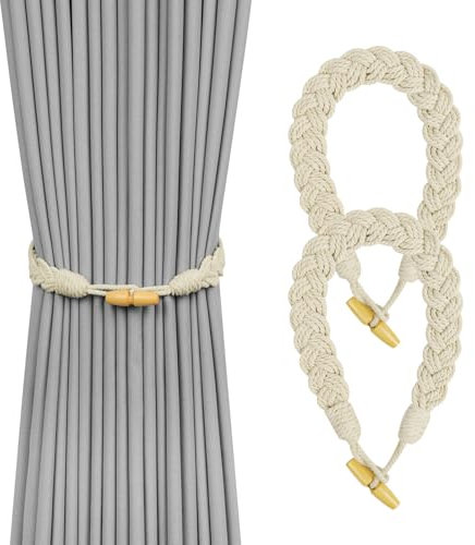 HOTUT Fermatenda in corda di cotone naturale, 2 pezzi, in corda intrecciata a mano, eleganti fermatenda decorativi in stile boho, morbidi fermatenda a mano, colore: bianco