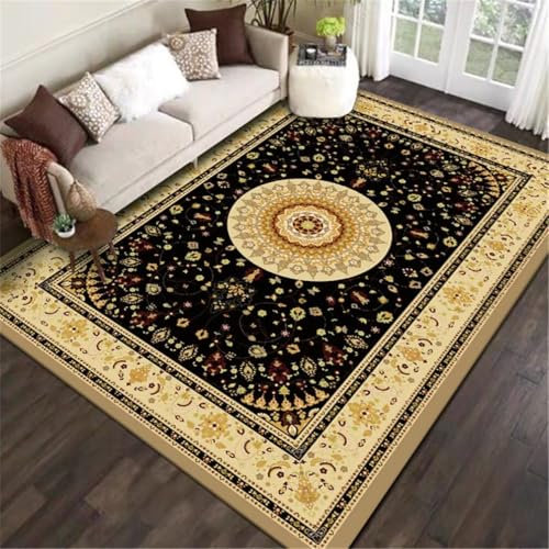 QGYFRE Kinder Teppiche Küchenläufer Waschbar kuschelige 120x120CM Teppich Schlafzimmer schwarz Gelb Vintage Blumenmuster Anti-Flecken Langlebiger